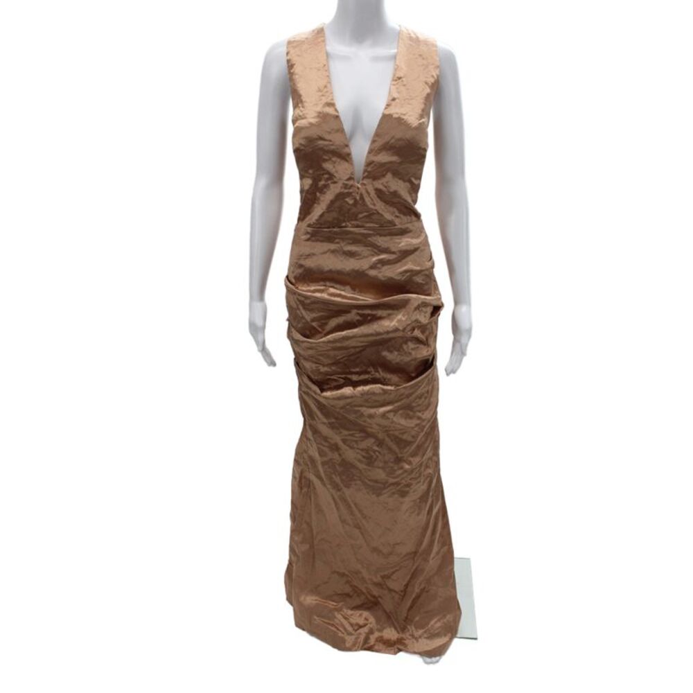 Nicole Miller Collection Womens Maxi Dress Gold V Neck Sleeveless Zip Size 12